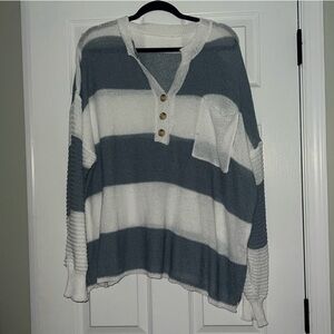 SHEIN White and Blue Crew Neck Striped Sweater
